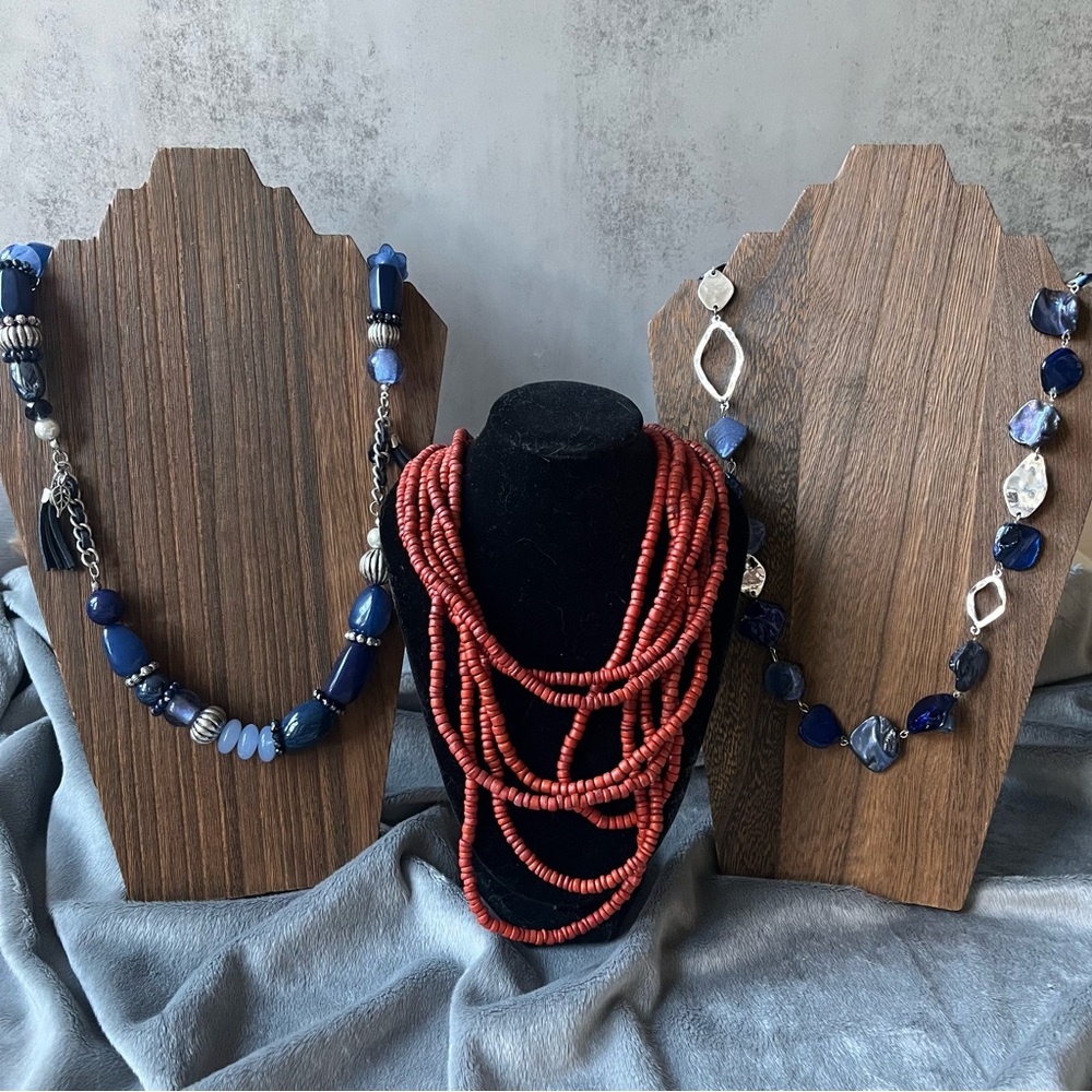 3 Necklace Lot – Blue &  Burn Orange/Siena Boho Artisan Jewelry Wood Shell Glass